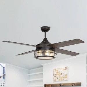 52" Industrial Wood 4-Blade Seeded Glass Ceiling Fan with Oil-rubbed bronze - Picture 1 of 5