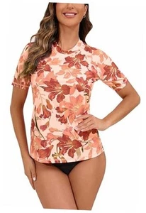 Women's Short Sleeve Rash Guard XX-Large Brick Red Floral/ Built in Bra - Picture 1 of 7