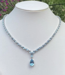 Macy's Sterling Silver 30ctw Sky Blue Topaz Statement Tennis Necklace - Picture 1 of 16