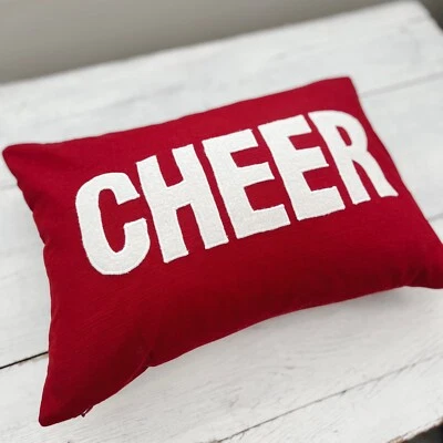 Pottery Barn Christmas CHEER Red Cream Textured Throw Pillow Cover 14x20 Holiday - Image 1 of 4