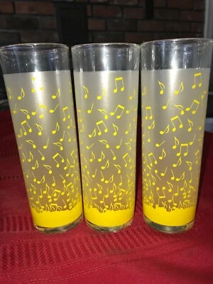 3 LIBBEY 2001 ALBERT ELOVITZ Yellow Frosted MUSIC NOTES Highball Glass 12oz 7" T - Image 1 of 4