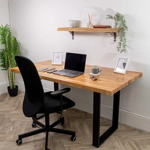 Solid Oak Industrial Wood Desk | Wooden Home Computer Office Gaming Workstation - Picture 1 of 7