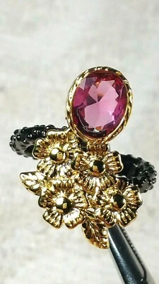 ANILLO PLATA ESTERLINA PL RODIO NEGRO MODERNISTA FLORES CIRMALINA ROSA TALLA 7 Foto 1 de 4