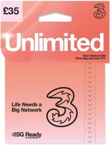 Three Network SIM 5G Ready UNLIMTED Data+Unlimited UK Mins &Texts FREE 30GB Roam - Picture 1 of 2