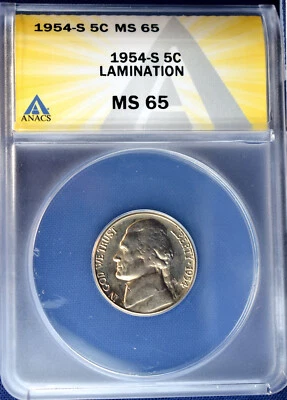 1954 S Jefferson Nickel MS65 Uncirculated ANACS error - Image 1 of 2