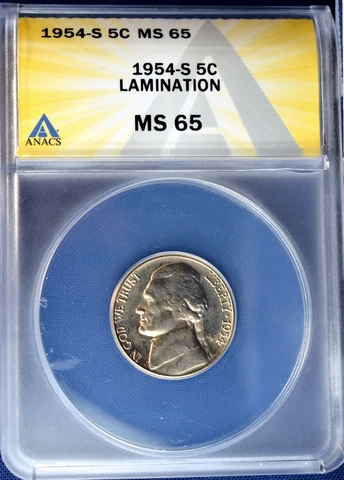 1954 S Jefferson Nickel MS65 Uncirculated ANACS error Cover
