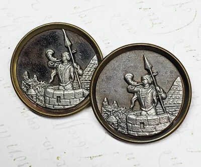 2 Large Antique Picture Buttons ~ Pewter Trumpeter on Castle Rampart - 1-1/2" - Image 1 of 4