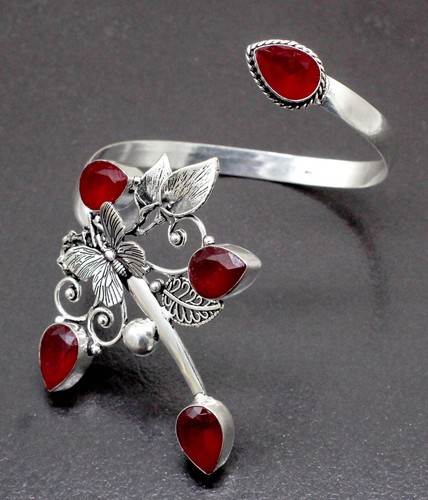 VALENTINO 925 Sterling Silver Red Emerald Gemstone Handmade Jewelry Cuff Bracelet Size ADJ