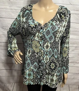 Signature by Larry Levine Blouse XL Semi-Sheer Pleated Boho Floral Print Shirt - Picture 1 of 14
