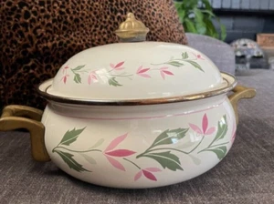 Enamel Cookware Pot w/Lid Floral, Pink Fauzia 10” Brass Handles 4Qt Vintage RARE - Picture 1 of 5