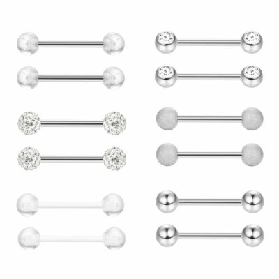 12PCS Stainless Steel Barbell Ball Nipplerings Tongue Ring Lip Rings Piercing - Image 1 of 4