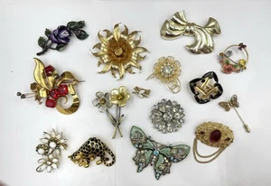 Vintage Multicolor Floral Flower Enamel & Rhinestone Pin Brooch Lot - Picture 1 of 16
