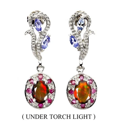 Ювелирные изделия серьги серебро 925 пробы овальный черный опал 8x6 мм танзанит драгоценные камни - Изображение 1 из 4