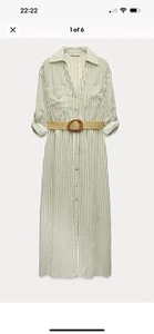 ZARA ECRU KHAKI STRIPED COLLARED LINEN BLEND BELTED SHIRT DRESS SIZE M BNWT - Picture 1 of 2