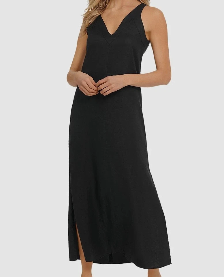 DKNY Women's Black Linen Sleeveless V-Neck Side Slit Maxi Dress Size XL - Image 1 of 1