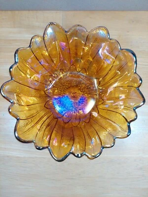 复古嘉年华玻璃百合 Pons 碗/Dish Iridescent Marigold 7 英寸印第安纳玻璃 — 第 1/4 张图片