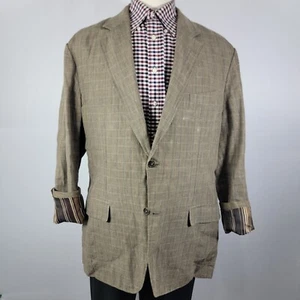 Tasso Elba Men's Sport Coat Blazer Two Button 100% Linen Brown Plaid Sz XL - Picture 1 of 19