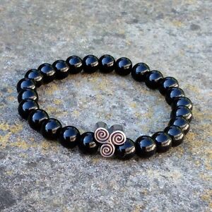 Men's women's shiny black onyx bead stone bracelet Celtic spiral Newgrange Irish