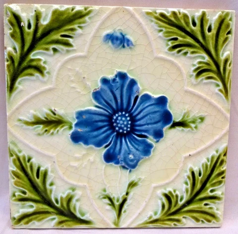Antique English Tile Majolica Flower Motif Design Ceramic Architecture Rare "162 Cover