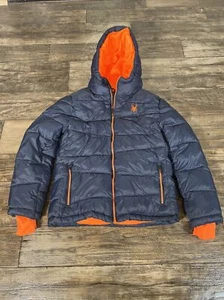Spyder Puffer Jacket Youth Large 14/16 Blue/Orange Hooded Full Zip - Picture 1 of 4