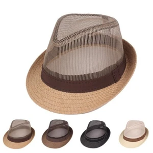 Men Mesh Short Brim Trilby Fedora Panama Jazz Hat Sun Summer Outdoor Travel Cap - Picture 1 of 9