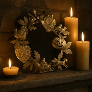 Corona navideña vintage de latón 4 estaciones Pascua Halloween Navidad - Imagen 1 de 9