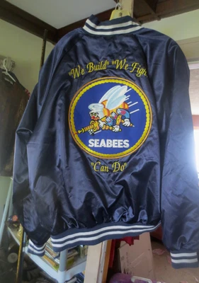 Vintage Navy Seebees Lined Jacket Coat Satin XL Blue Raincoat Windbreaker - Image 1 of 4