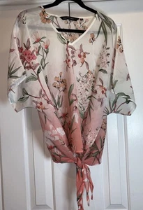 Tie Front Blouse S Loose SS Muted Floral Colleen Lopez Vneck Feminine Party NWOT - Picture 1 of 20