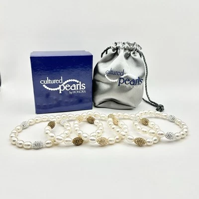Juego de 5 pulseras elásticas Honora perlas cultivadas y cuentas de cristal pavé Foto 1 de 4
