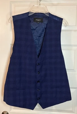 Statement Italy Formal Blue Plaid Suit Vest SZ 46L Adjustable Wool Blend Button - Image 1 of 4
