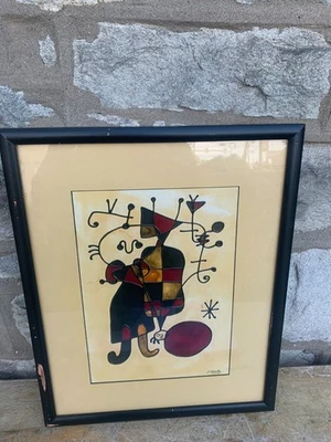 Pintura de arte em arame vintage assinada por Estiella depois de Joan Miro 20X16" - Imagem 1 de 4