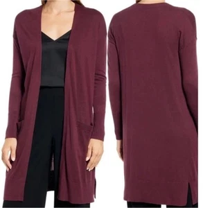 Halogen Women's Long Line Open Cardigan Burgundy Sz. Medium With Pockets - Picture 1 of 9