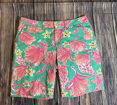Lilly Pulitzer Womens Shorts 4 Floral Green Pink Cotton Resort Tropical Vacay - Image 1 of 4