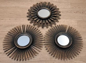 GOLD TONE & BLACK SUNBURST PLASTIC SET OF 3 HANGING WALL MIRRORS SUN ROUND - Picture 1 of 12