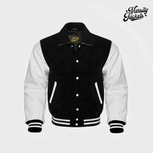 Black body White Sleeves Pro Varsity Jacket Letterman Baseball College Bomber - Picture 1 of 5