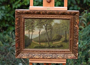 Antigua pintura de paisaje del siglo XIX - Sendero de parque y vista al mar con veleros - Imagen 1 de 5