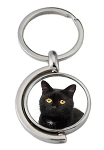 Black Cat Pet Spinning Double Sided Metal Keyring And Gift Bag - Picture 1 of 4