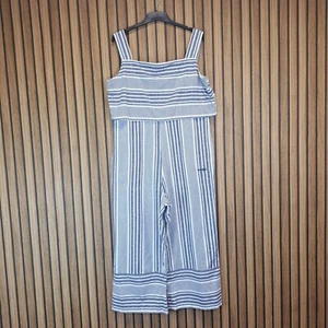 Weird Fish Jumpsuit UK 16 Blue Striped Wide Leg Pockets Oversize Cropped Linen A - Picture 1 of 9