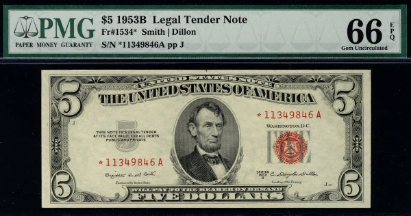 MALACK $5.00 1953B PMG 66 EPQ Star note. Exceptional..MORE.. pm0043 - Image 1 of 1
