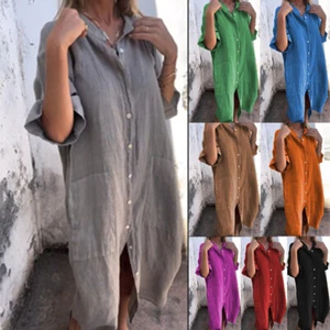 Women Cotton Linen Summer Shirts Dress Beach Ladides Buttons Long Loose Dresses - Picture 1 of 28