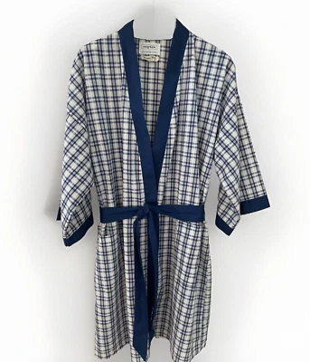Vintage 60s ROYTEX Robe Kimono Men's One Size Navy Plaid w/ Belt Lounge Playboy - Image 1 of 4