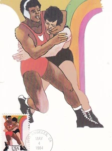 USA 1984 FOUR FIRST DAY COVERS ON MAXI CARDS, LOS ANGELES SUMMER OLYMPICS - Picture 1 of 6