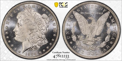 1884 O MORGAN SILVER DOLLAR PCGS UNC Detail Proteced by Gold Shield & TrueView Cover