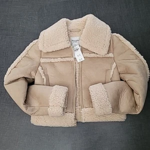 Giacca Abercrombie & Fitch cropped vegan scamosciata shearling beige donna taglia XXS - Foto 1 di 4