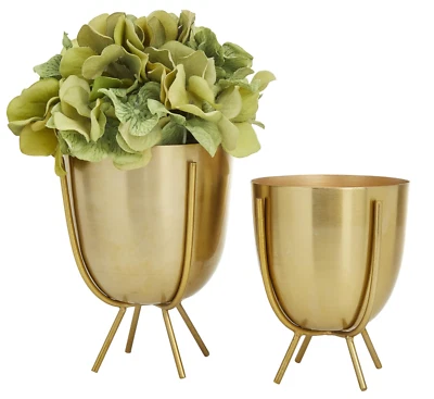 JUEGO DE 2 MACETAS COSMOPOLITAS DE METAL INTERIOR EXTERIOR OVALADAS DORADAS COSMOLIVING 7" NUEVAS Foto 1 de 4