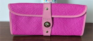 KATE SPADE NEW YORK BRIGHT PINK WOVEN STRAW LEATHER CLUTCH BAG - Picture 1 of 10