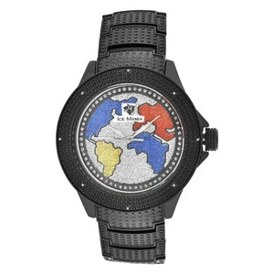 Men's Ice Mania IM3509MI Diamond Black PVD World Map Watch Metal Band 0.08 CT. - Picture 1 of 1