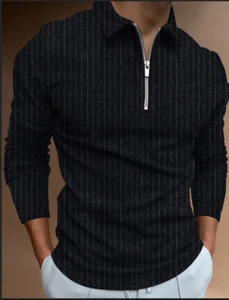 Polo Shirts Men Zipper Long Sleeve Black Fashion Striped Golf Solid Zip Camisa - Picture 1 of 1
