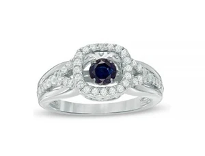 Blue and white Sapphire Cushion Dancing stone Engagement Ring sterling silver  - Picture 1 of 4