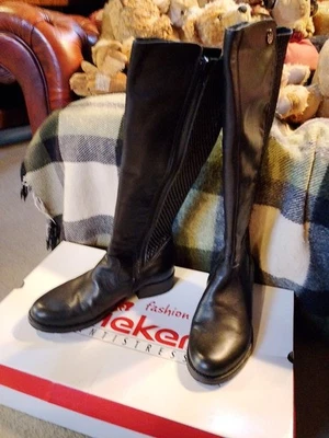 Rieker Ladies Knee High Anti stress Black Leather Boots Fleece Lining Size 39 - image 1 of 4